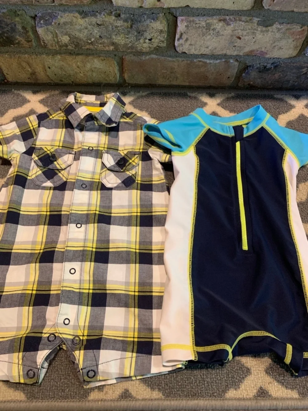 Baby Boys 6 months Plaid Snap Romper & Navy Blue Rash Guard  bundle